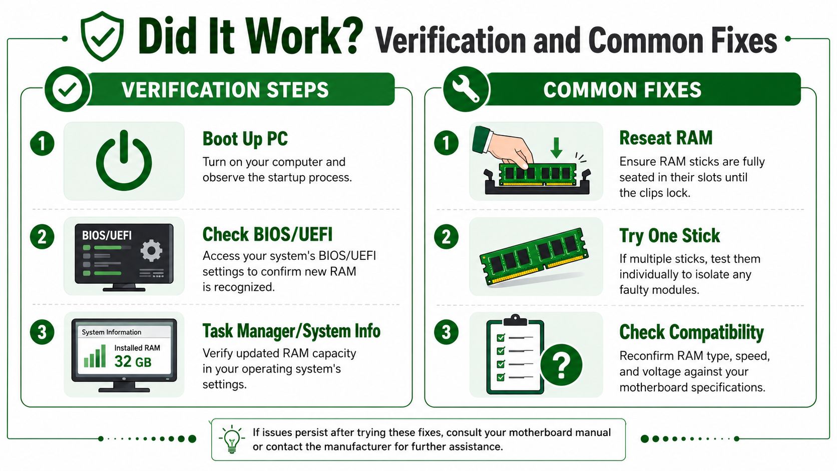An infographic showing steps to verify and troubleshoot RAM installation after a PC hardware upgrade.
