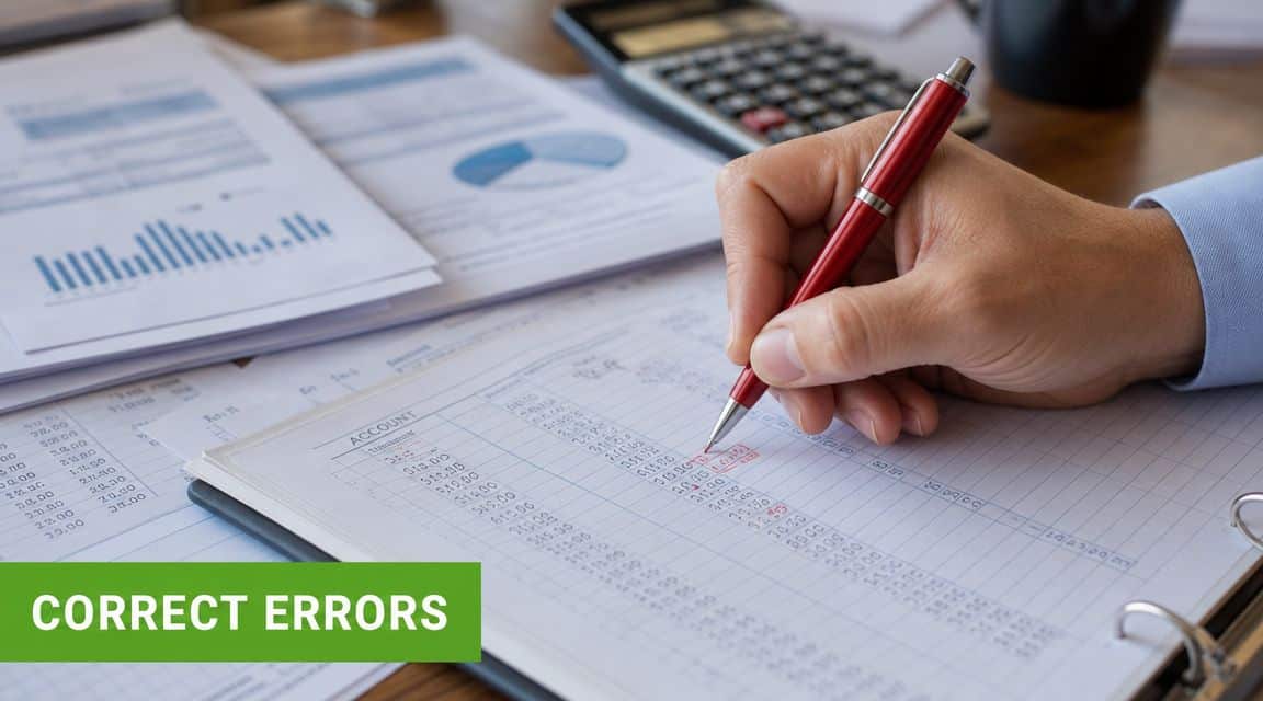 A person using a red pen to correct errors in a bookkeeping ledger on a desk.