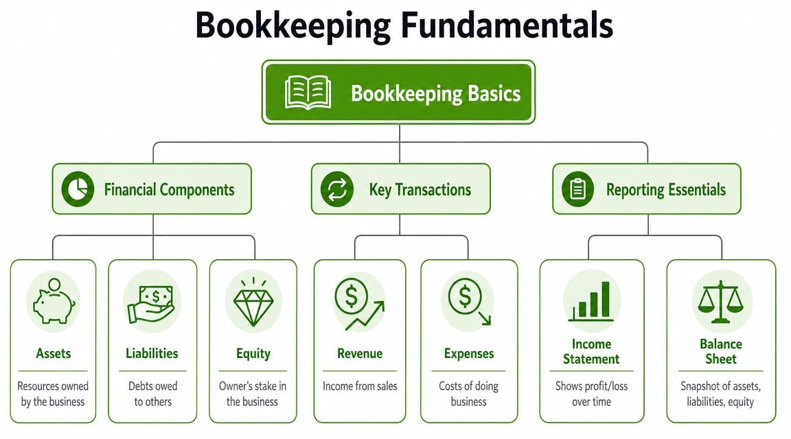 A diagram outlining bookkeeping fundamentals including financial components, key business transactions, and essential financial reporting documents.