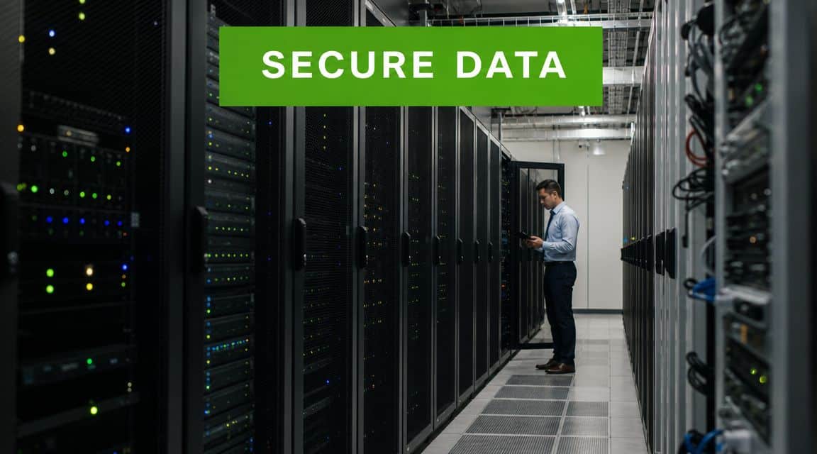 A professional technician monitoring secure servers in a data center to manage business information technology systems.