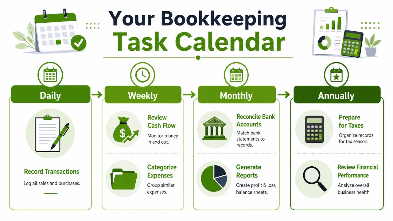 A visual guide outlining daily, weekly, monthly, and annual bookkeeping tasks for small business financial management.