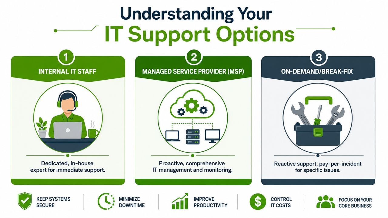 An infographic comparing internal IT staff, managed service providers, and on-demand break-fix support options for businesses.