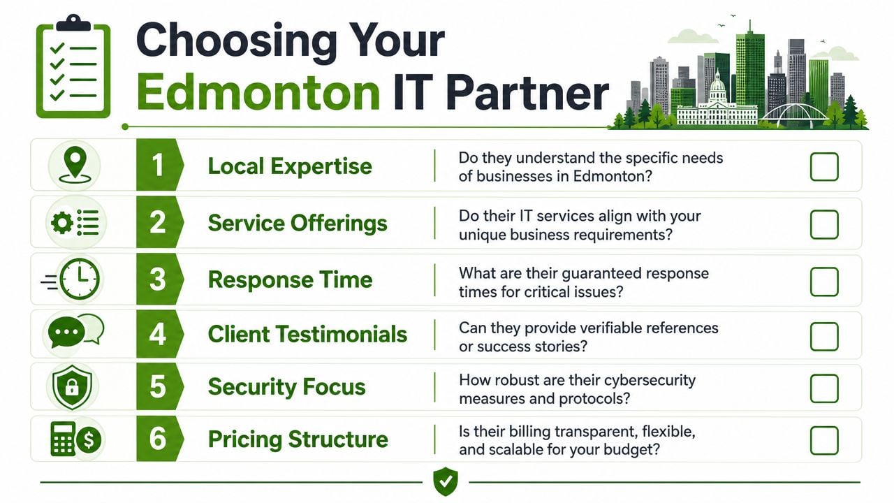 A checklist infographic titled Choosing Your Edmonton IT Partner with six essential factors for selecting providers.
