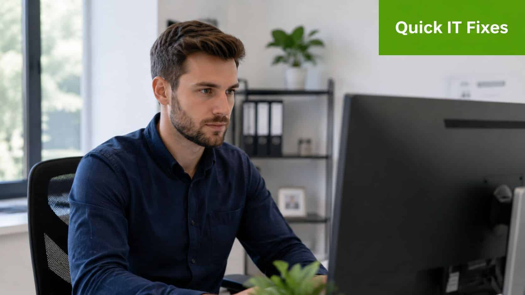 A professional man sitting at his desk working on a computer in a bright office environment.