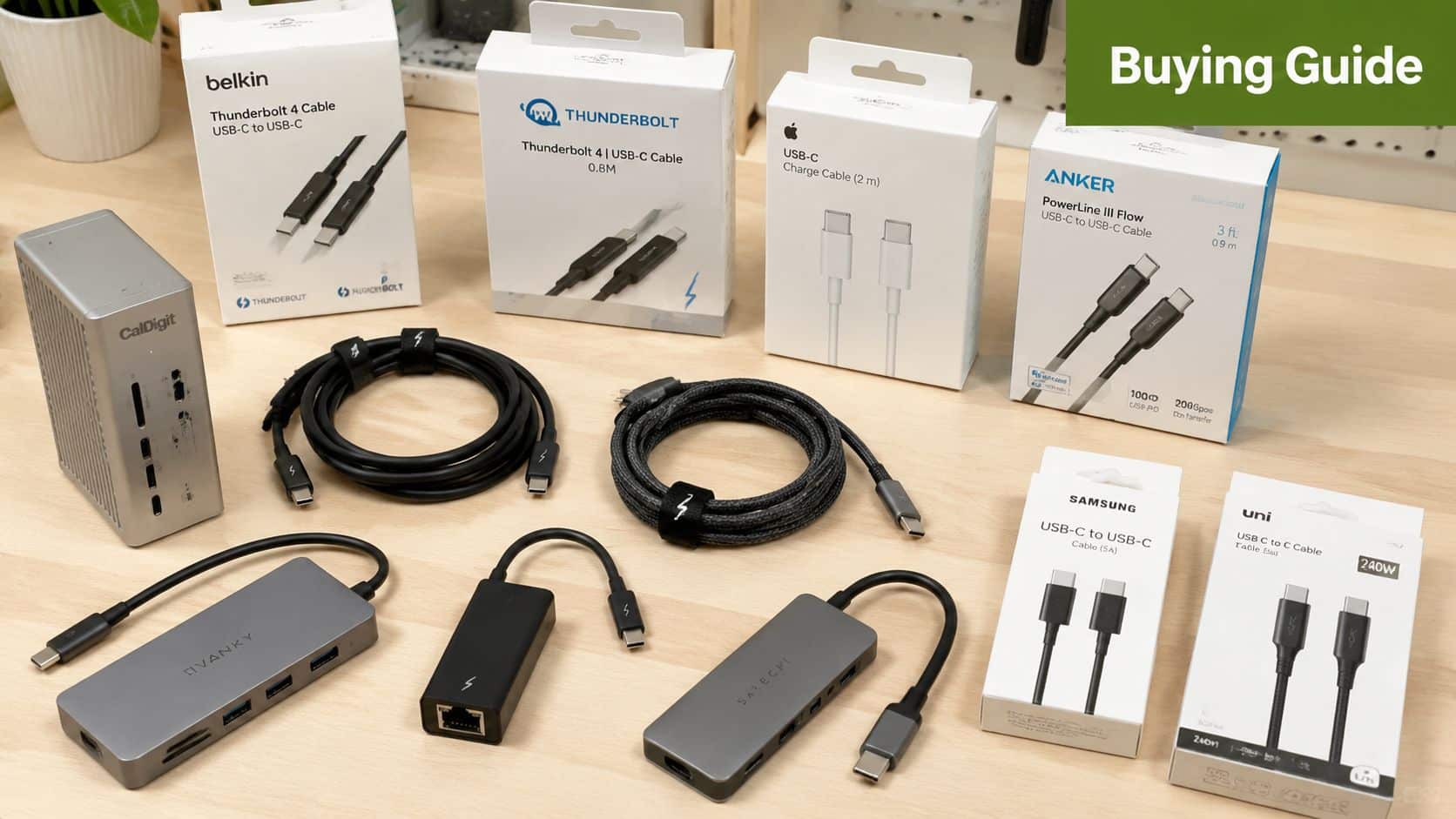 An array of various Thunderbolt and USB-C cables, docking stations, and adapters displayed on a wooden surface.
