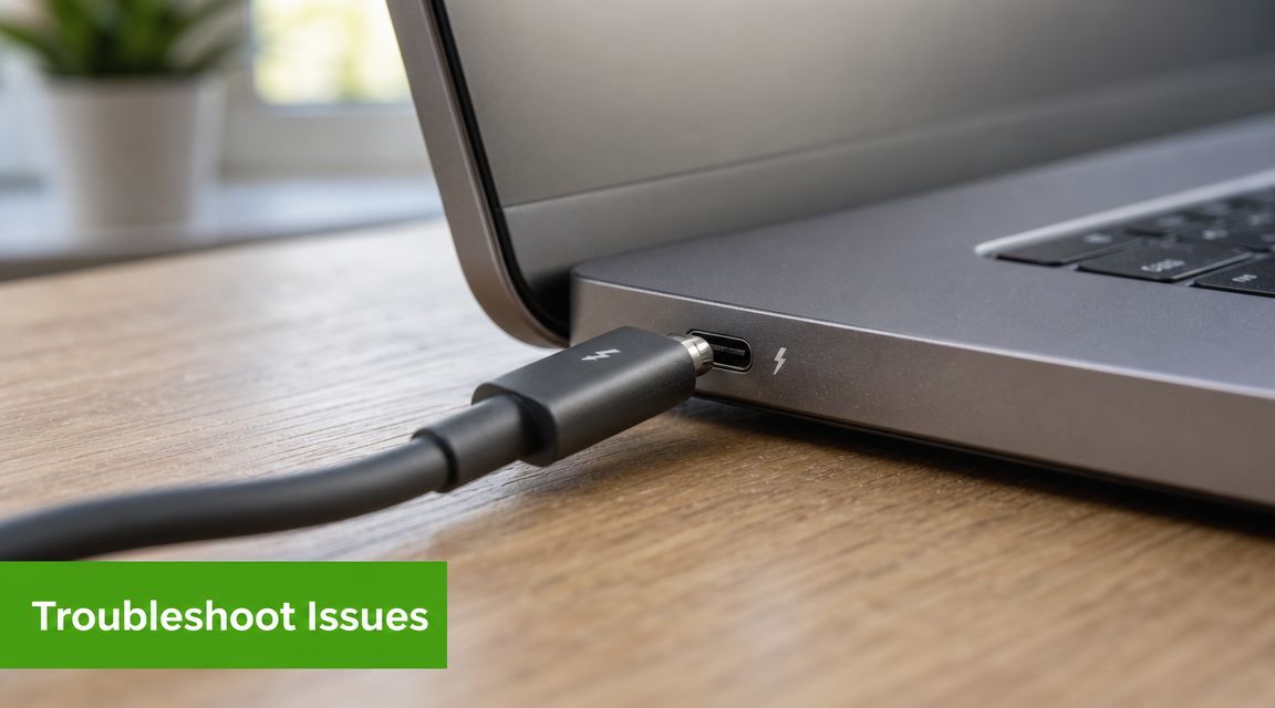 A close-up view of a Thunderbolt 3 cable being plugged into a laptop USB-C port.