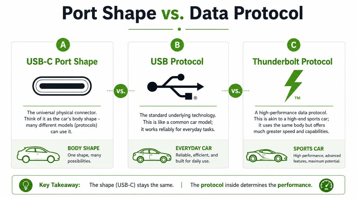 A diagram comparing USB-C port shape with USB and Thunderbolt data protocols using a car analogy.