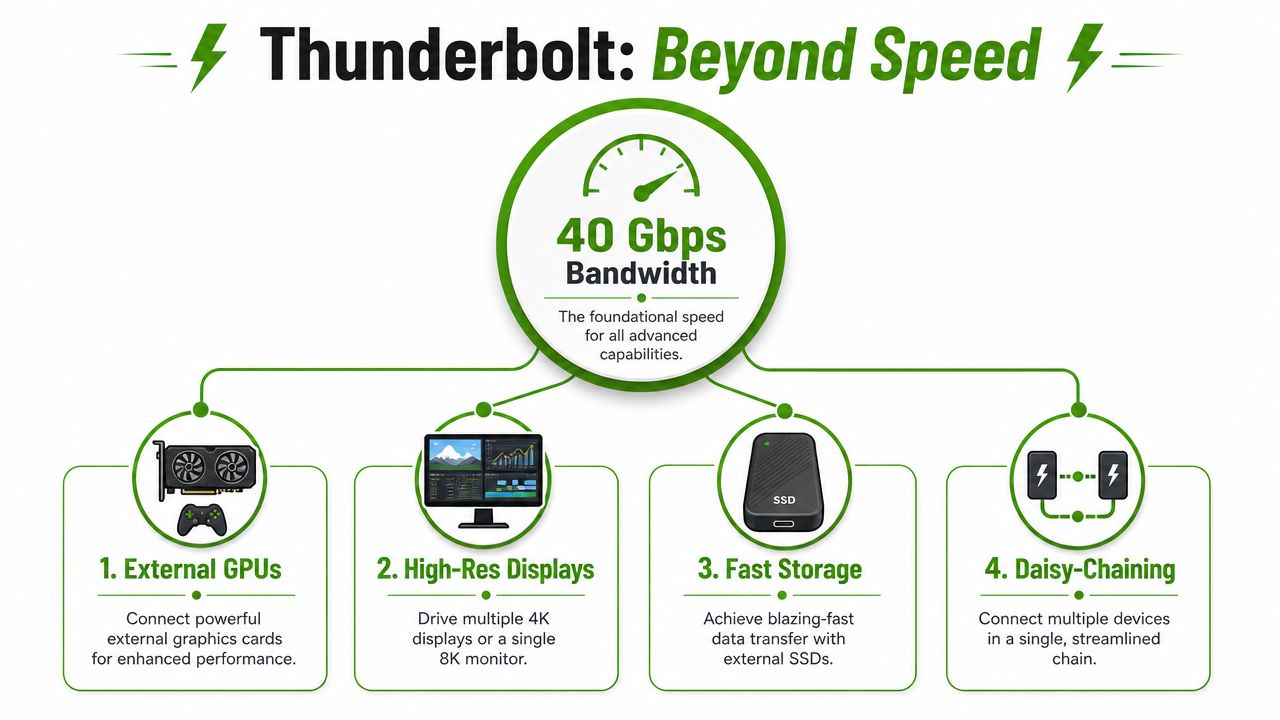 An infographic showing the 40 Gbps bandwidth capabilities of Thunderbolt technology for connecting external hardware and devices.