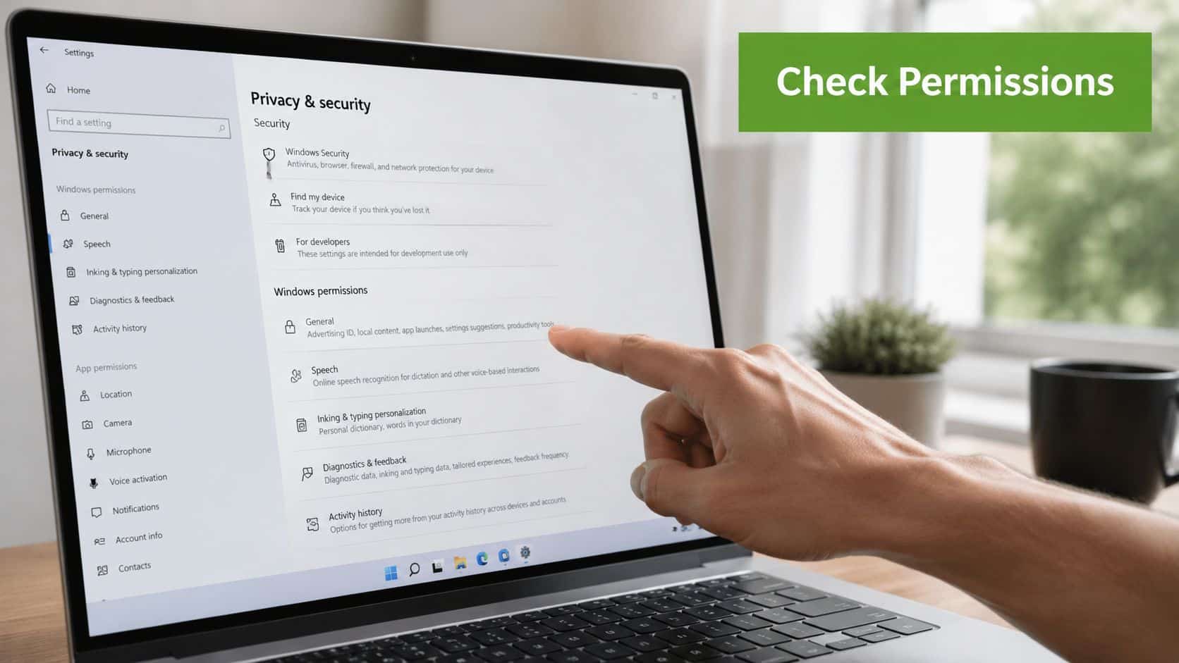 A person pointing at the Windows privacy and security settings screen on a laptop monitor.
