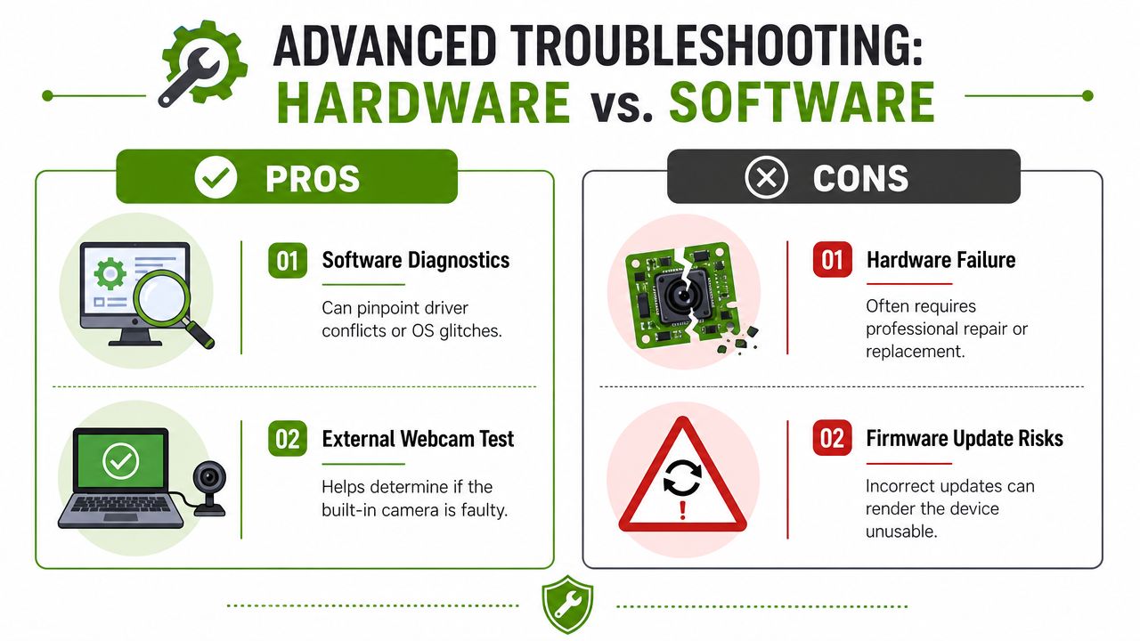 An infographic comparing pros and cons of hardware versus software when troubleshooting webcam not working issues.