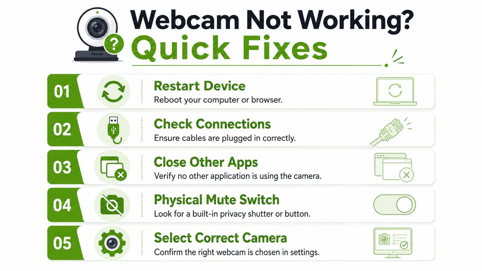 A helpful infographic showing five quick troubleshooting steps for a webcam that is not working correctly.