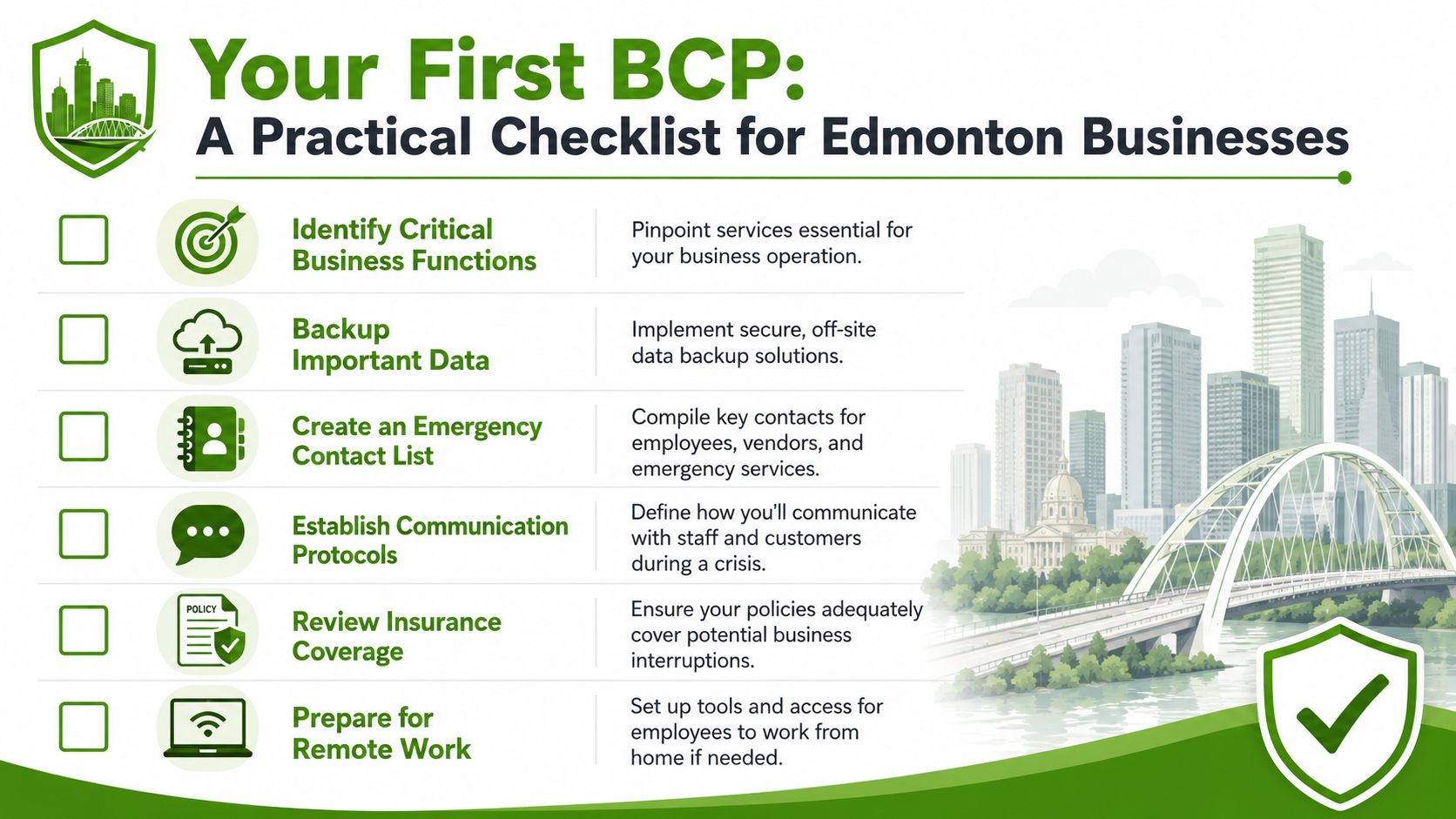 A checklist infographic titled Your First BCP for Edmonton businesses, listing six essential continuity planning steps.