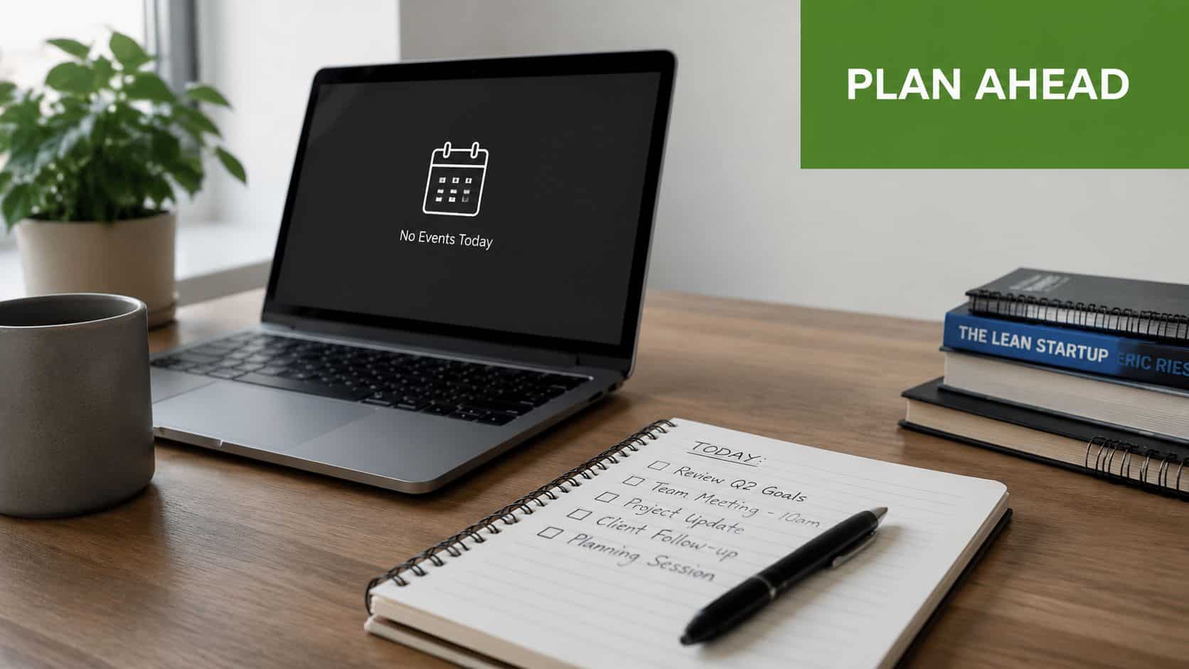 A clean workspace featuring a laptop, a notebook with a to-do list, and books on a desk.