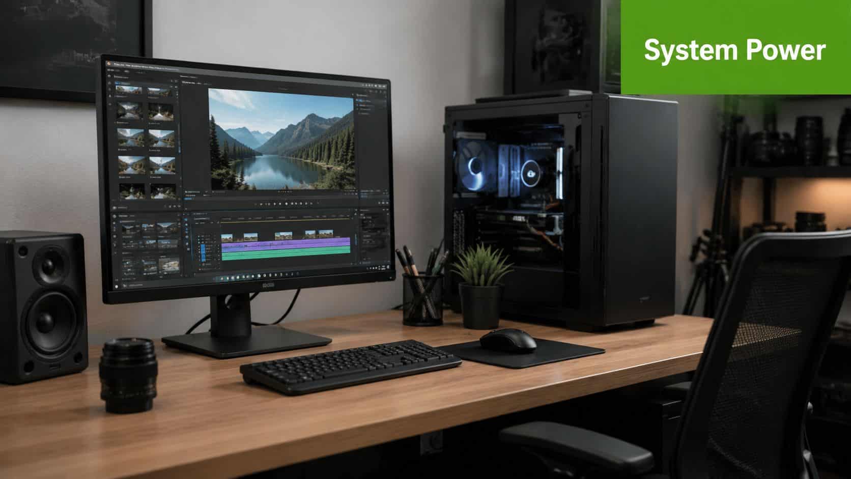 A modern video editing workspace with a large 4K monitor displaying landscape footage and a desktop PC.