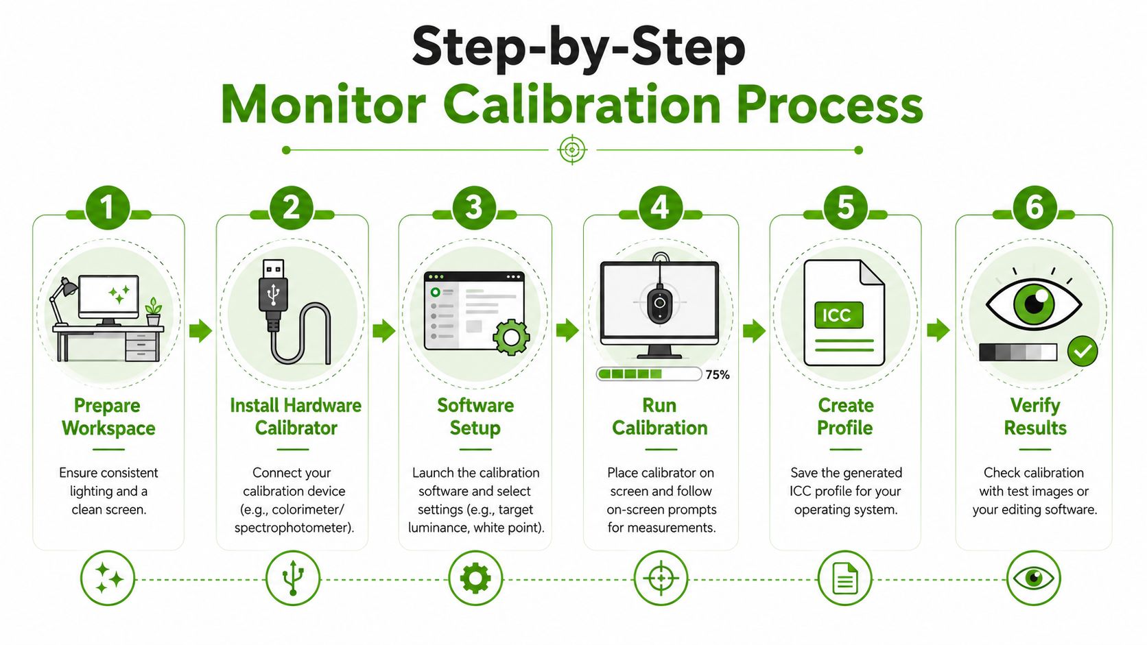 A six-step infographic illustrating the professional monitor calibration process for achieving accurate screen colors.