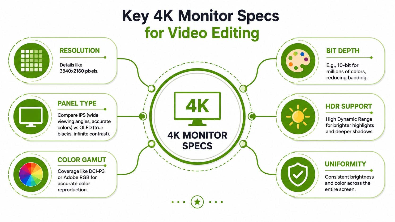 An infographic showing six essential technical specifications to look for when choosing a 4K monitor for video editing.
