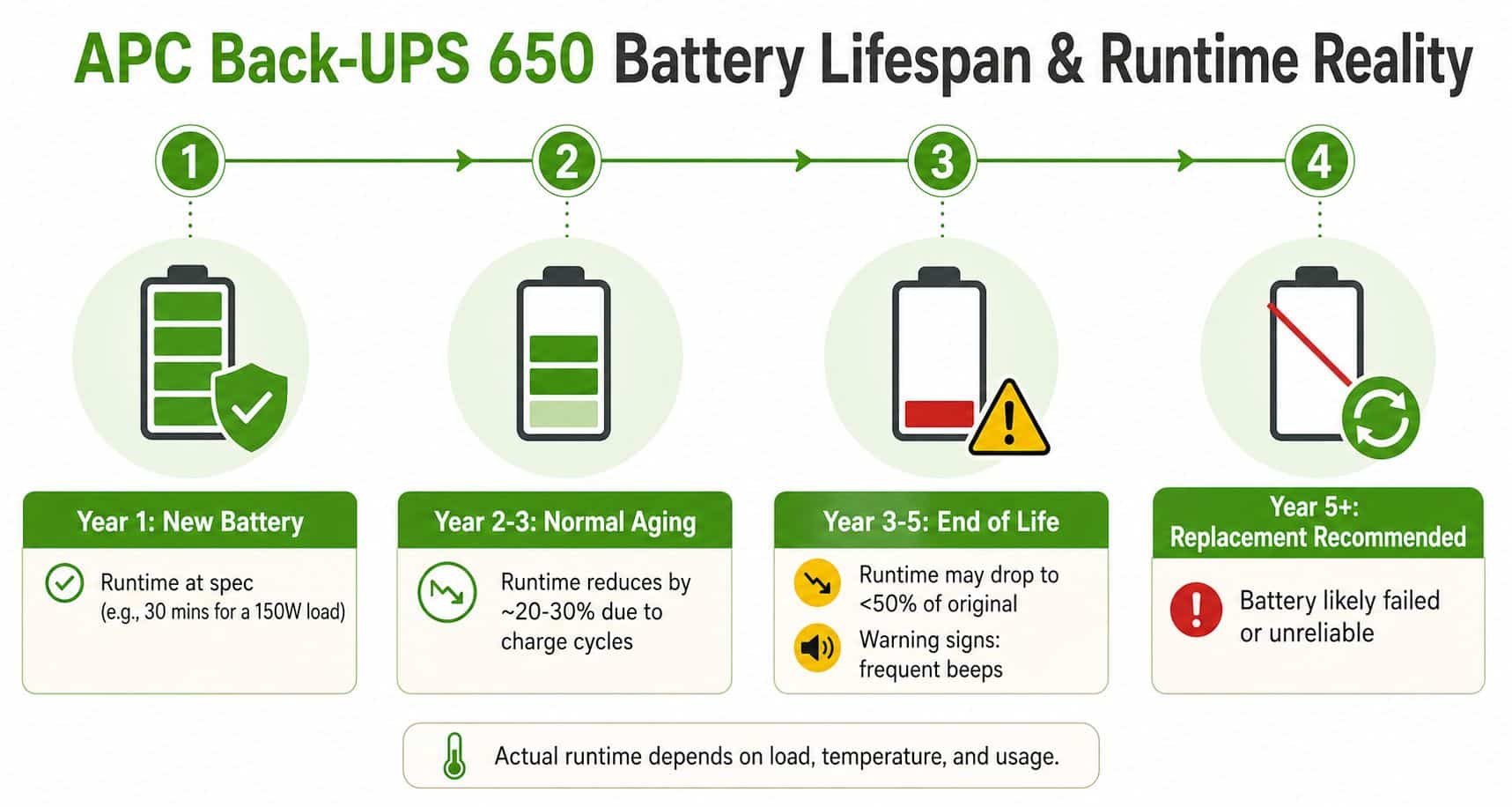 An infographic showing the four stages of APC Back-UPS 650 battery lifespan from new to replacement.