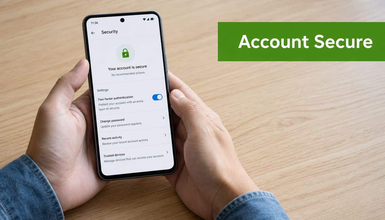 A person holding a smartphone displaying an account security settings screen confirming that the account is secure.