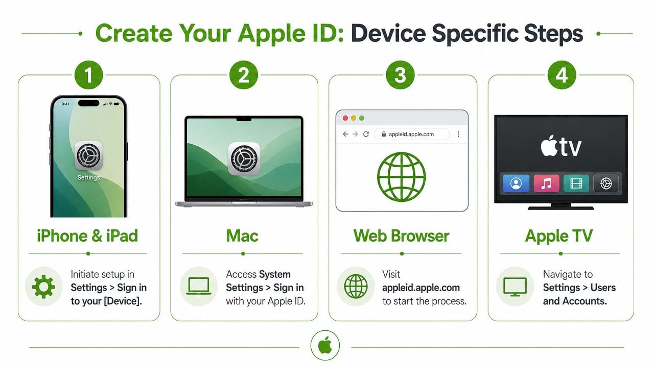 A step-by-step guide on how to create an Apple ID on iPhone, Mac, web browser, and Apple TV.