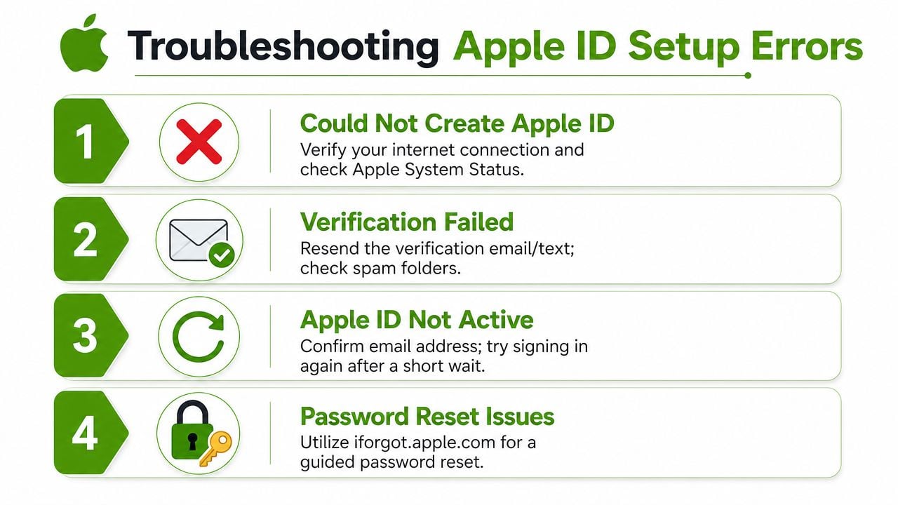 A troubleshooting guide showing four common Apple ID setup errors and their quick fix solutions.