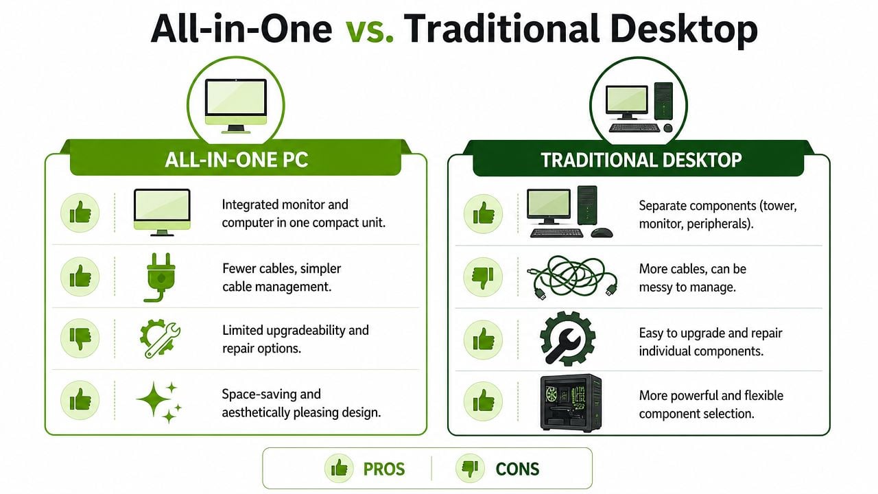 A comparison chart showing the pros and cons of All-in-One PCs versus traditional desktop computers.