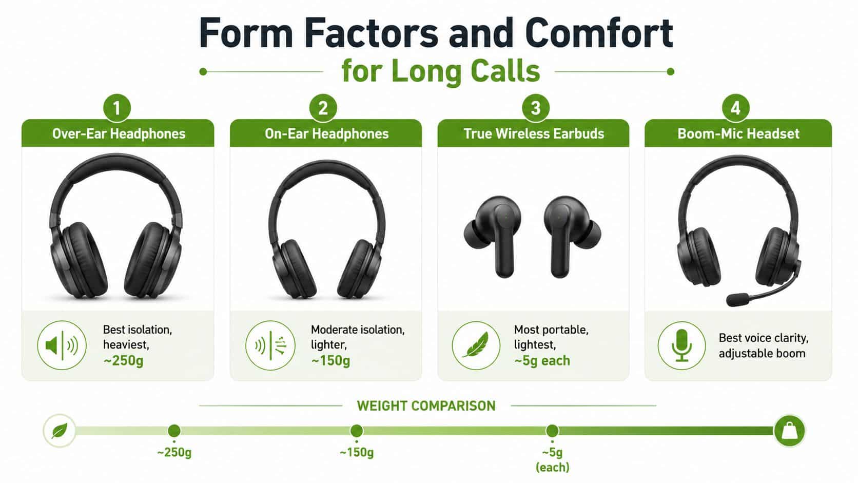 A comparison chart showing four different headphone types with their weight, comfort levels, and features.