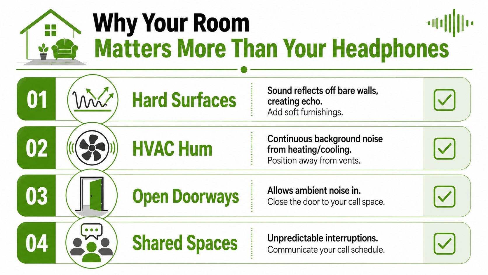 An infographic titled Why Your Room Matters More Than Your Headphones, listing four common acoustic issues and solutions.