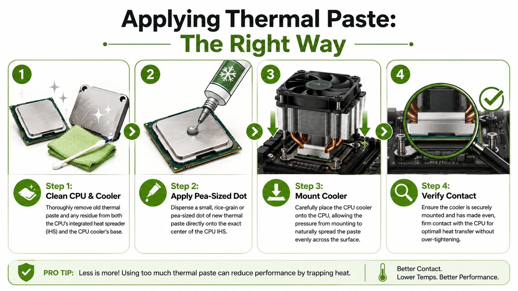 An infographic showing the four-step process for applying thermal paste to a computer CPU processor correctly.