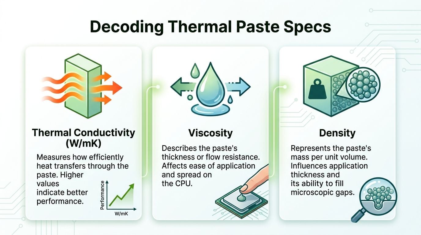 An infographic explaining key technical specifications of thermal paste, including thermal conductivity, viscosity, and material density.