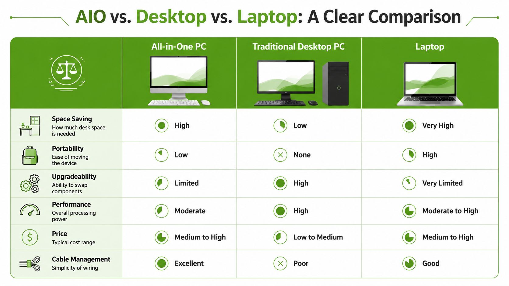 A comparison chart showing features like space, portability, upgradeability, performance, price, and cable management for computers.