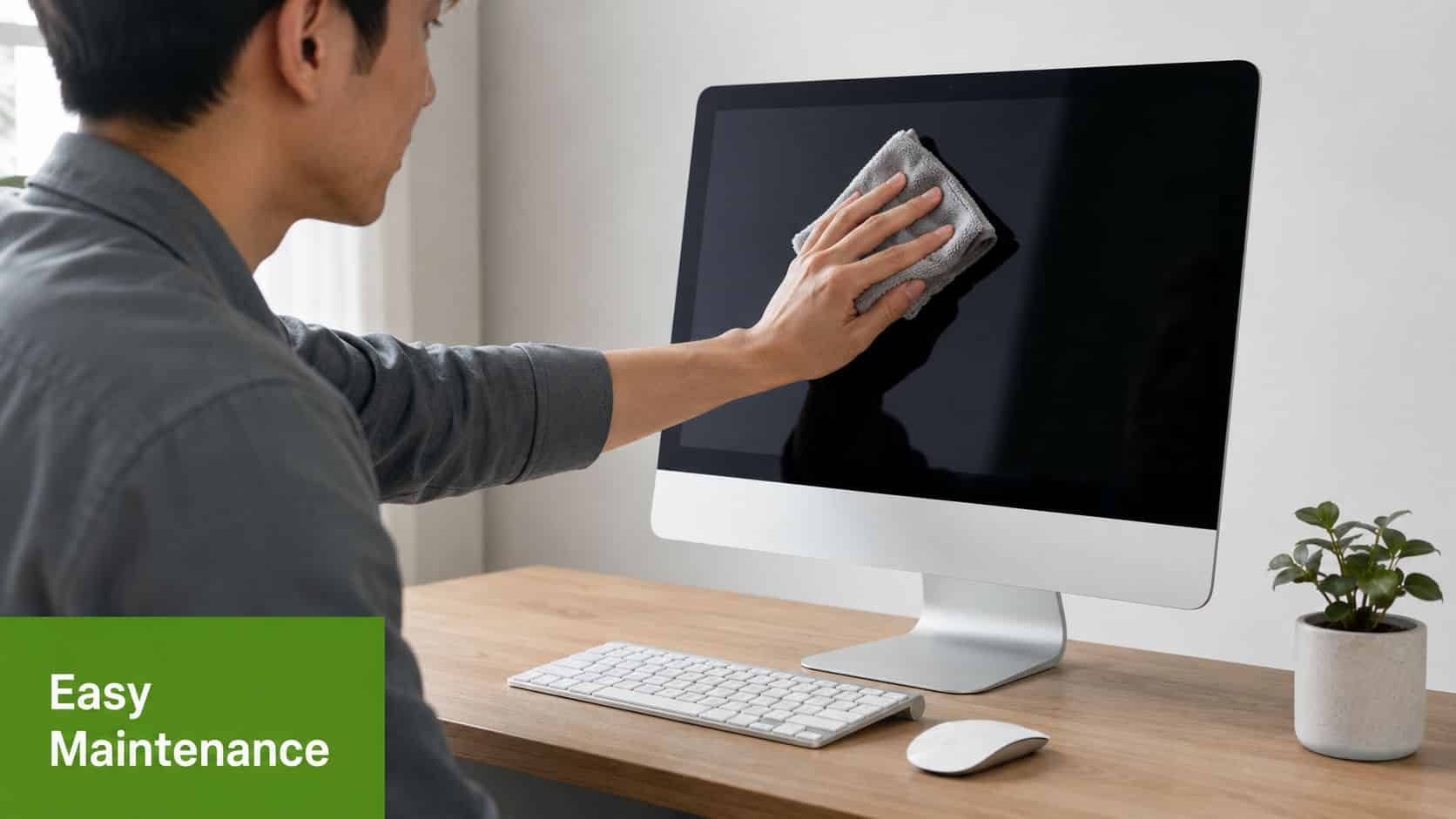A man in a grey shirt cleaning an all-in-one computer screen with a microfiber cloth.