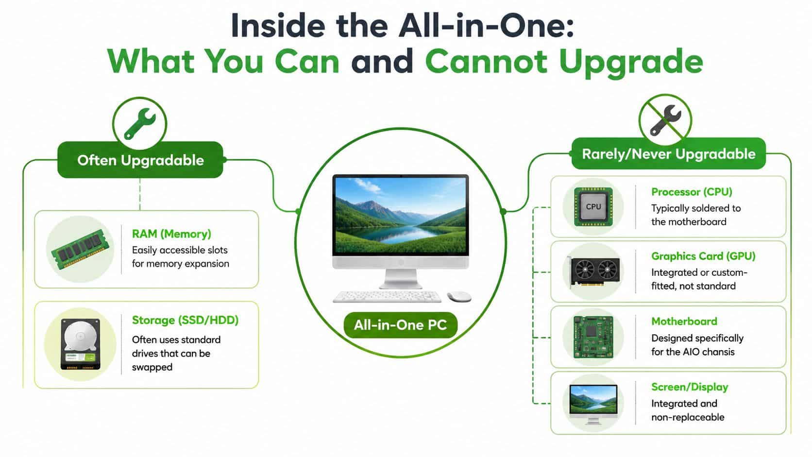 An infographic showing parts of an All-in-One PC that can be upgraded versus those that cannot.