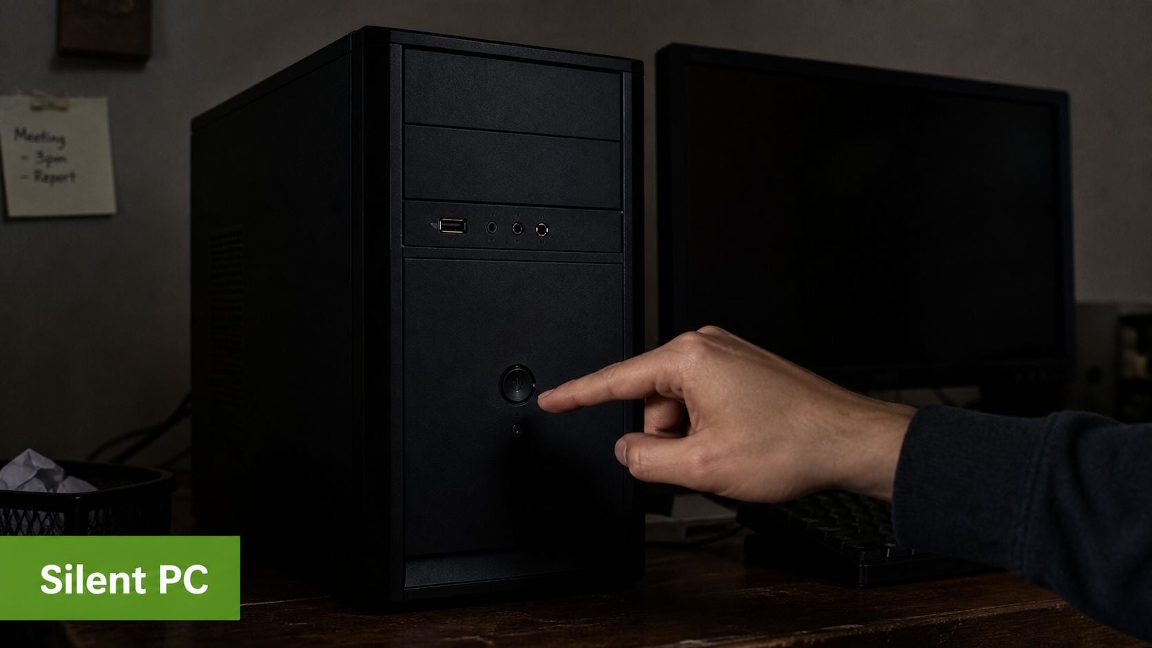 A hand pressing the power button on a black desktop computer tower to turn it on.