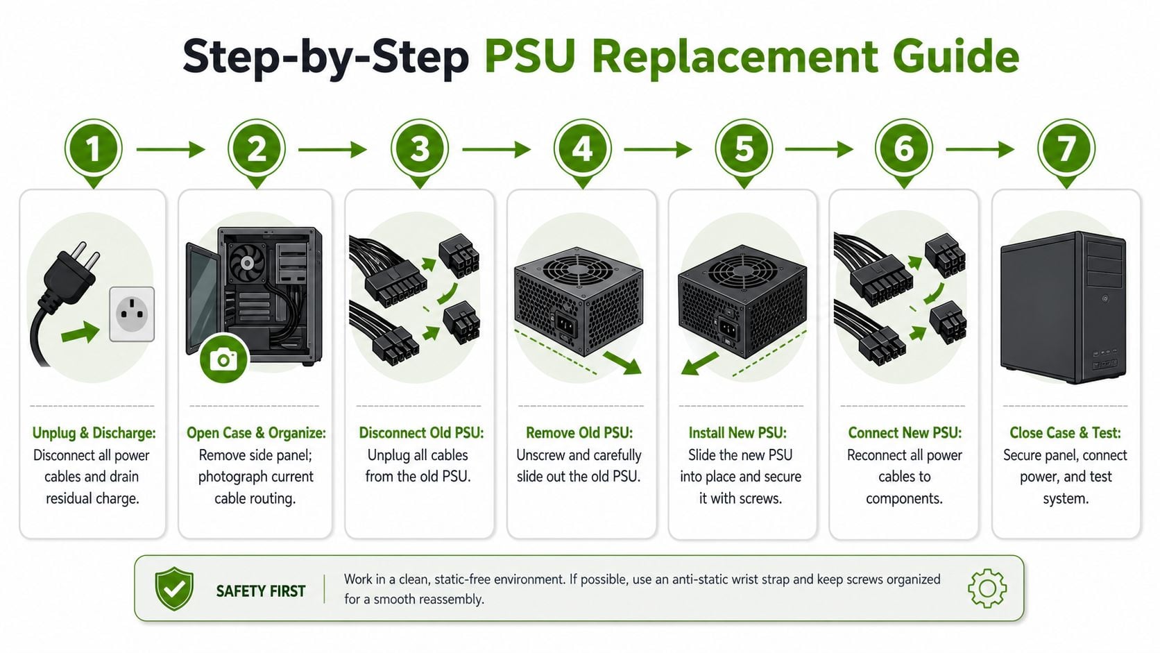 A step-by-step infographic illustrating the process of replacing a computer power supply unit safely.