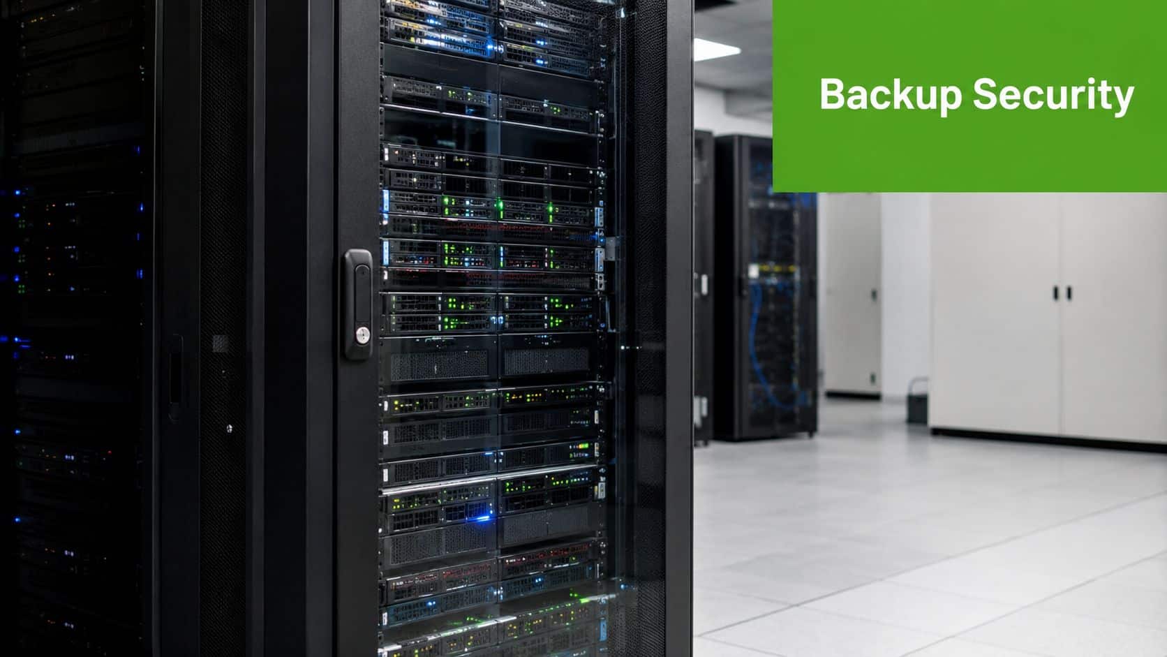A modern server rack in a secure data center environment, representing advanced enterprise backup security solutions.