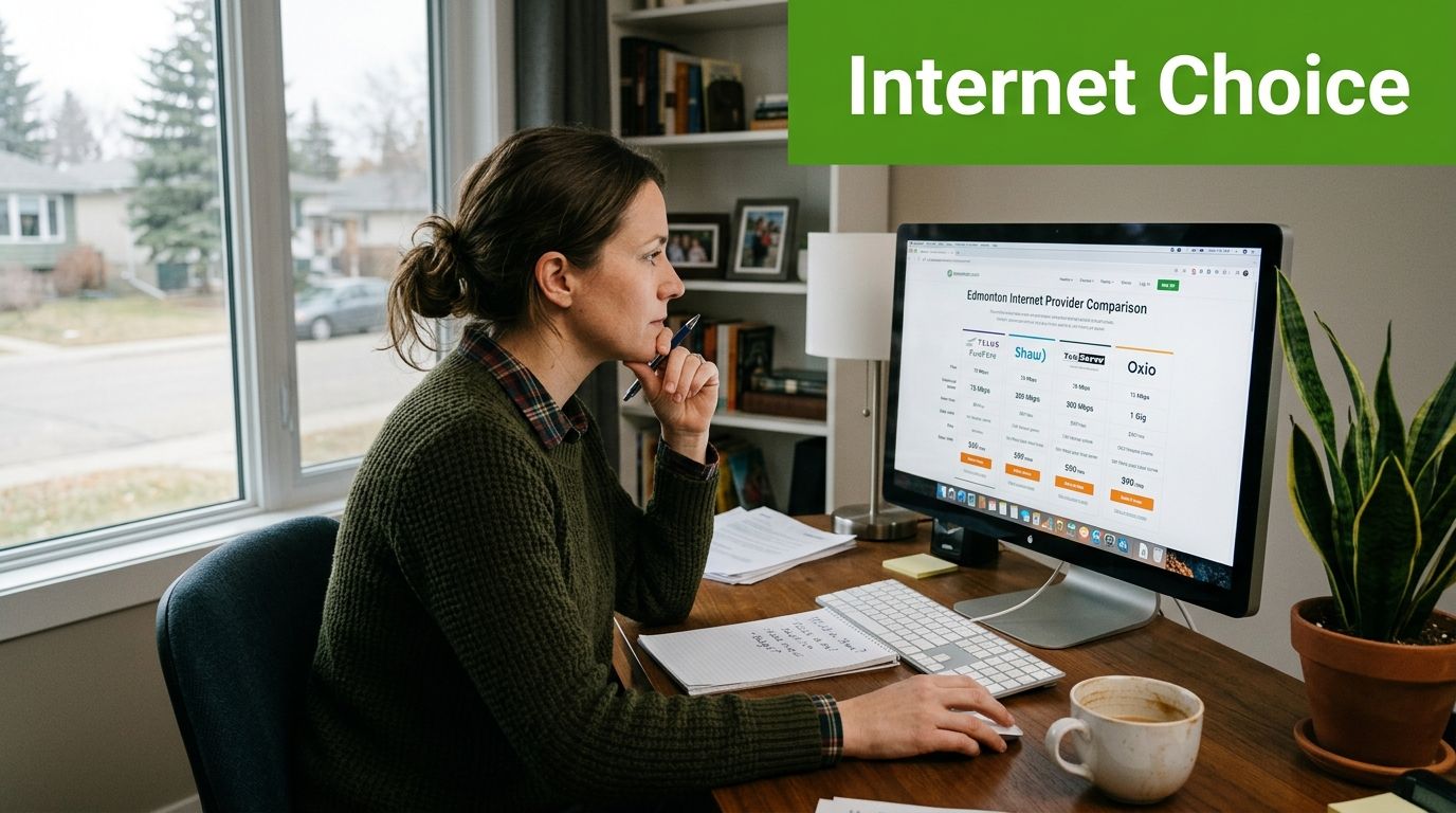 A woman analyzing internet service provider plans on her computer screen at a desk in her office.