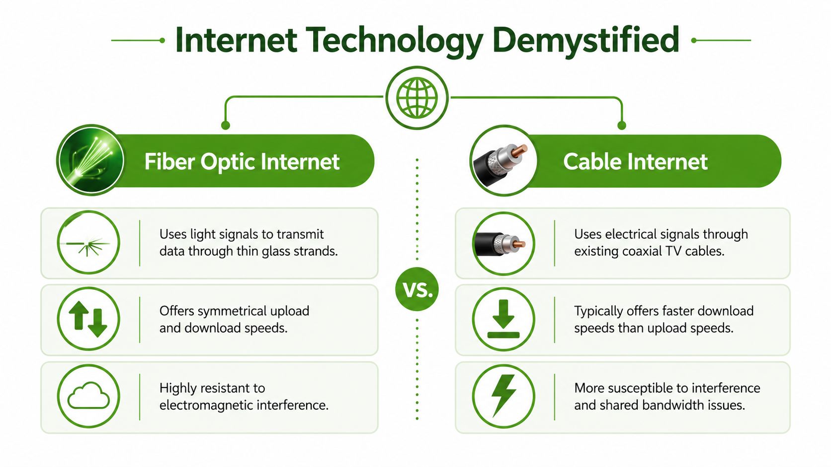 A comparison infographic between fiber optic and cable internet technology, highlighting their signal types and performance features.