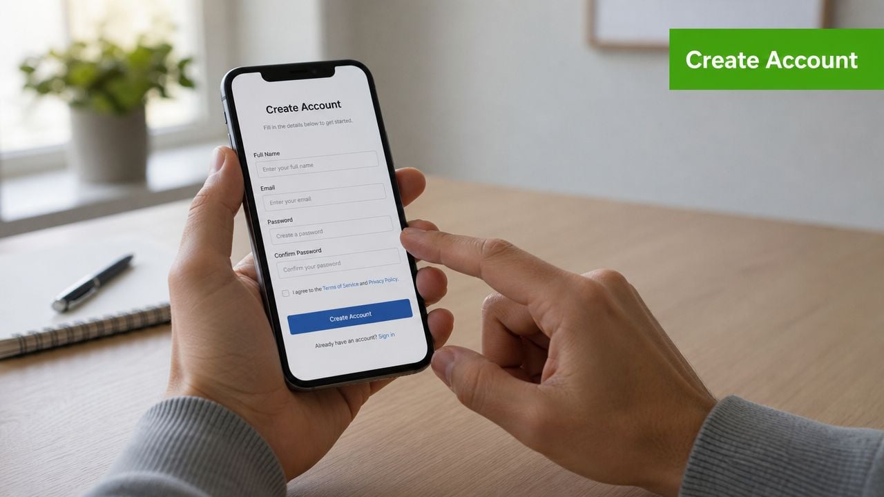 A person using a smartphone to create a new user account on an app interface.