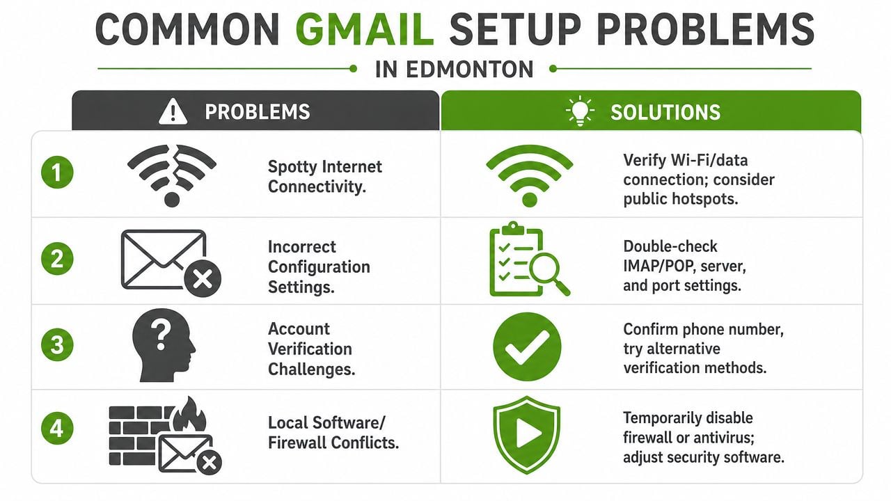 A table outlining four common Gmail setup problems and their corresponding solutions for users in Edmonton.