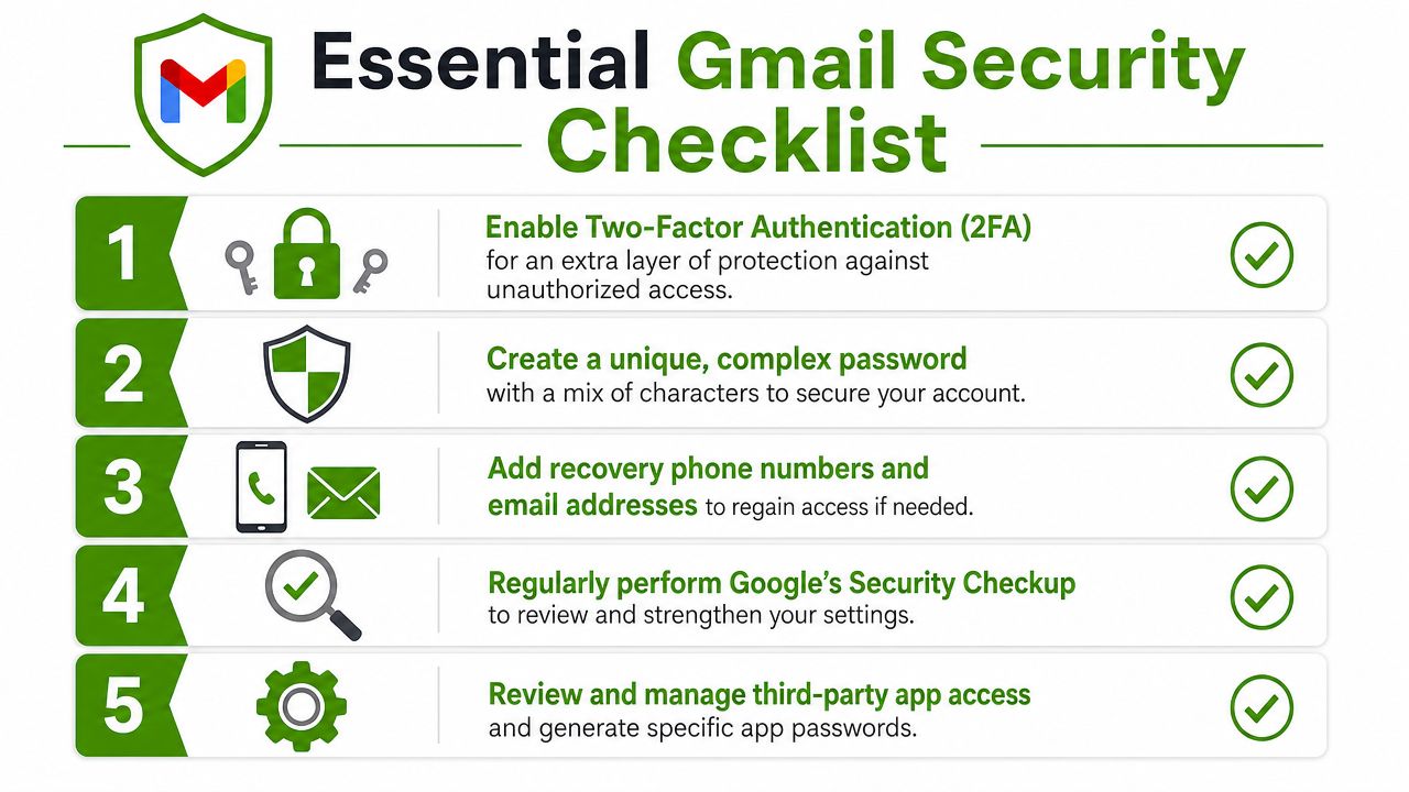 A five-step checklist illustrating essential security measures for protecting a Gmail user account effectively.