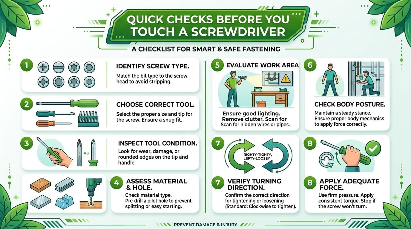 An infographic checklist illustrating eight essential safety and preparation steps to follow before using a screwdriver.