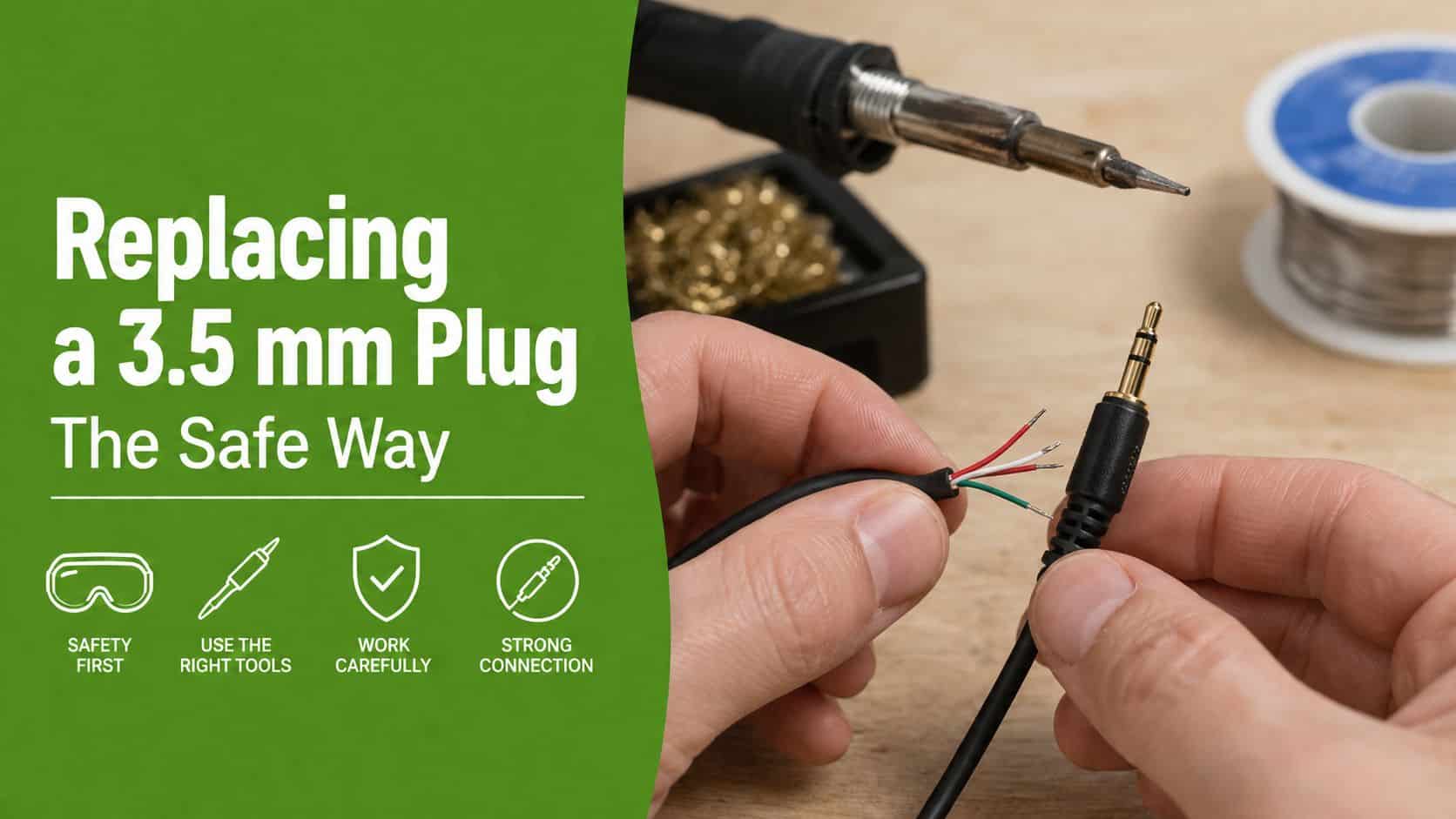 A close-up view of hands repairing a 3.5 mm headphone jack with soldering tools in the background.