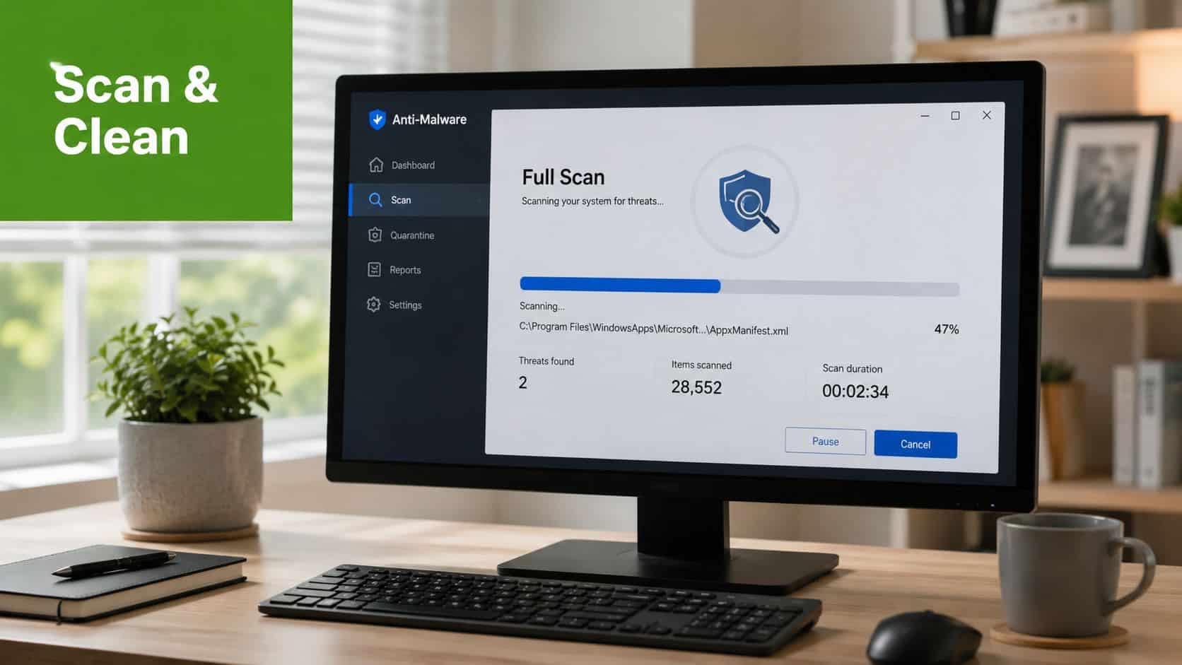A computer monitor displaying an anti-malware software interface performing a full system scan for threats.