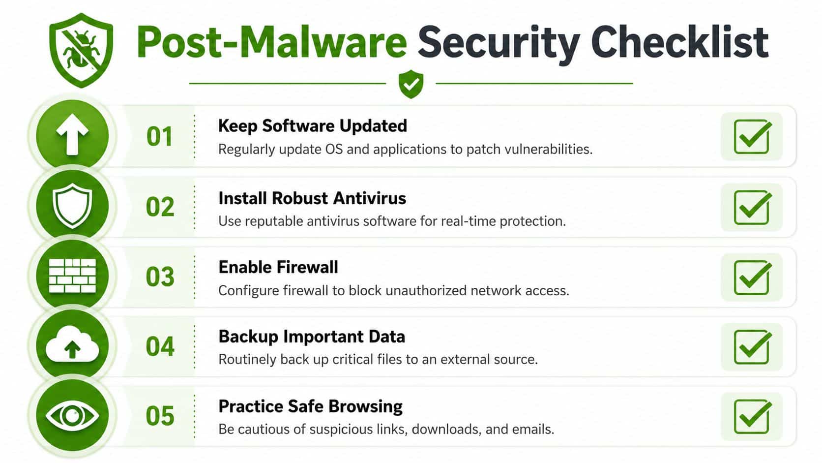 A five-point checklist for maintaining security on your computer after recovering from a malware infection.