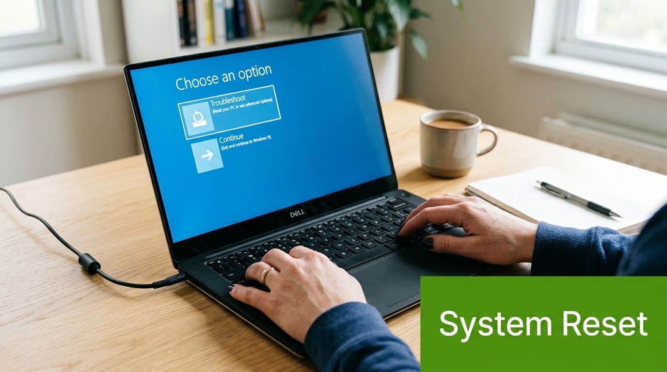 A person using a Dell laptop displaying the Windows blue screen menu with troubleshooting and continue options.