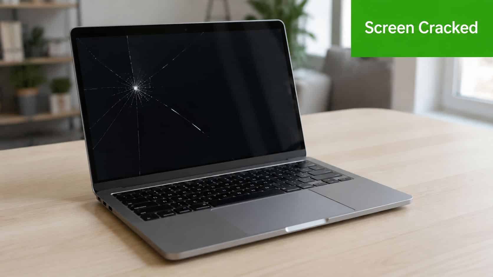 A modern silver laptop sitting on a wooden desk with a large, visible crack on the screen.