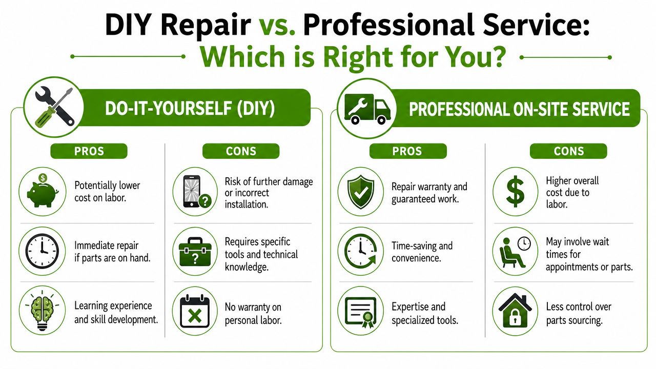 A comparison infographic showing the pros and cons of DIY repair versus hiring professional on-site services.