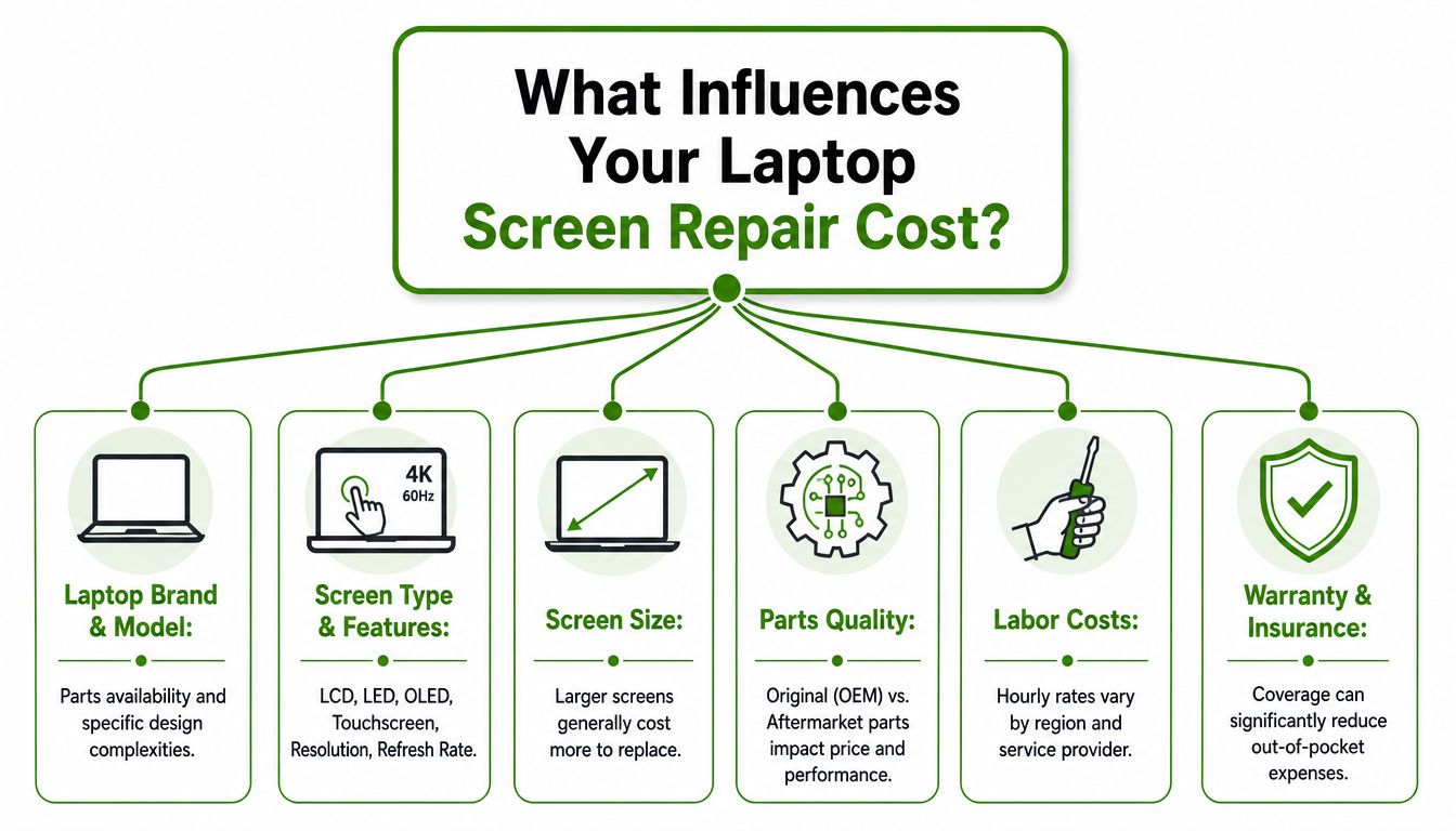 An infographic showing six key factors that influence the total cost of repairing a laptop screen.