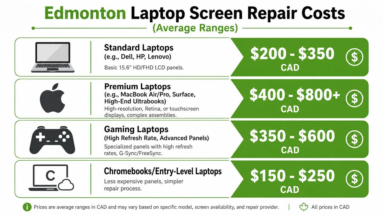 A chart showing average price ranges for laptop screen repairs in Edmonton across four categories of laptops.