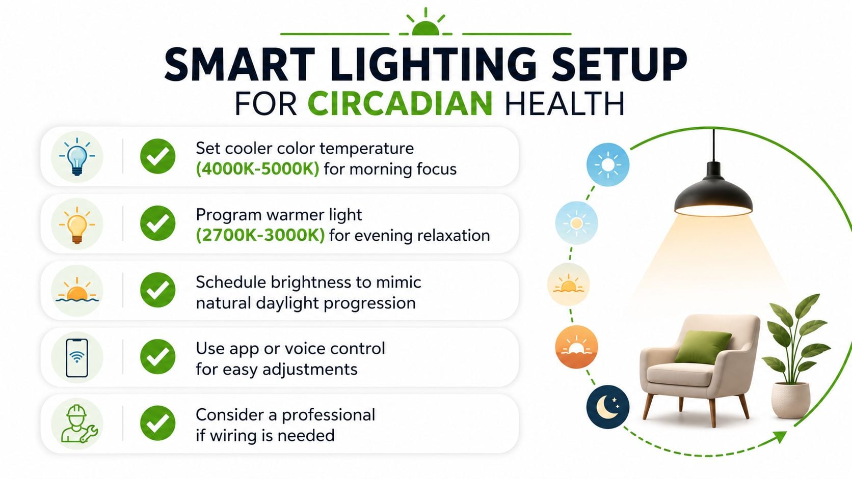 An infographic detailing a smart lighting setup to improve circadian rhythm health through scheduled color temperature adjustments.